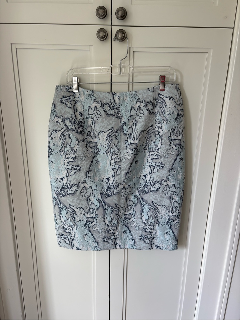 Oasis Light Blue and Navy Patterned Pencil Skirt